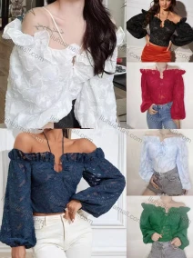 Wholesale Women's Sexy Notched Off Shoulder Lantern Sleeve Ruffle Hem Mesh Blouse, LIUHUA CLOTHING WHOLESALE