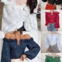 Wholesale Women's Sexy Notched Off Shoulder Lantern Sleeve Ruffle Hem Mesh Blouse preview