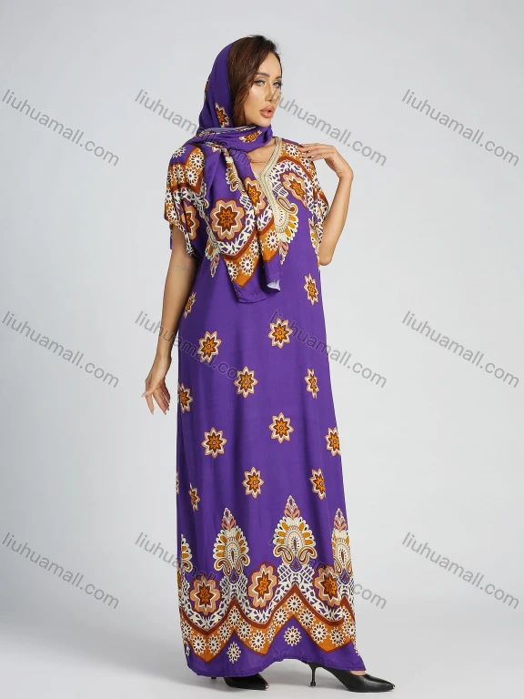 Wholesale Women's Vintage Print Batwing Sleeve Embroidered Trims Maxi Kaftan With Scarf
