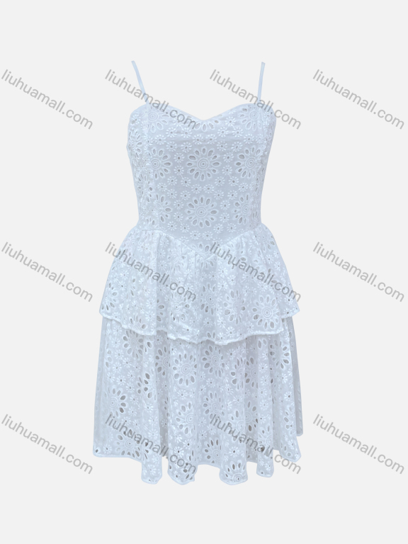 Wholesale Women's Casual 100%Cotton Plain Layered Hem Eyelet Embroidered Cami Short Dress 7216#