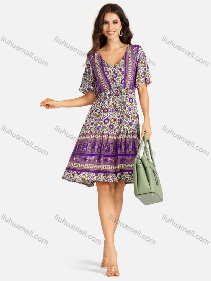 Wholesale Women's Casual Folkloric Vintage Floral Print Short Sleeve Drawstring Short Dress