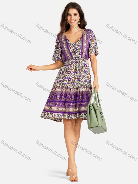 Wholesale Women's Casual Folkloric Vintage Floral Print Short Sleeve Drawstring Short Dress, Guangzhou Clothing Wholesale Market & Suppliers - LIUHUAMALL, 