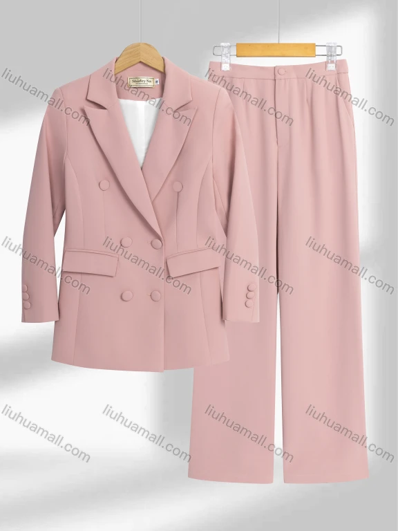 Wholesale Women's Formal Lapel Plain Flap Pockets Double Breasted Blazer & Pocket Pants 2-Piece Suit Sets