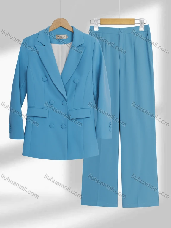 Wholesale Women's Formal Lapel Plain Flap Pockets Double Breasted Blazer & Pocket Pants 2-Piece Suit Sets