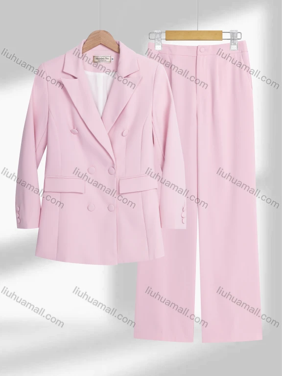 Wholesale Women's Formal Lapel Double Breasted Plain Flap Pockets Blazer & Pocket Pants 2-Piece Suit Sets