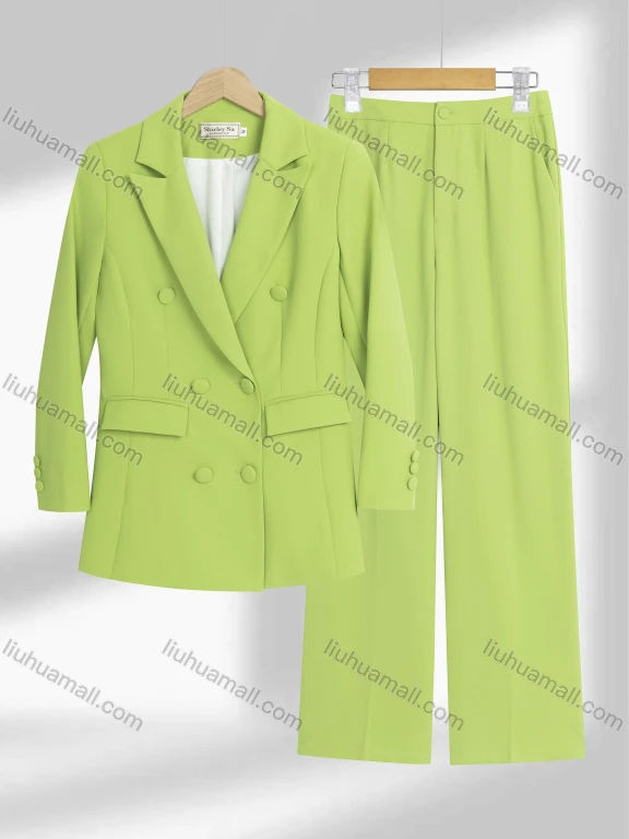 Wholesale Women's Formal Lapel Double Breasted Plain Flap Pockets Blazer & Pocket Pants 2-Piece Suit Sets