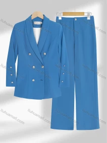 Wholesale Women's Formal Double Breasted Plain Shawl Collar Button Decor Blazer & Pocket Pants 2-Piece Suit Sets, LIUHUA CLOTHING WHOLESALE