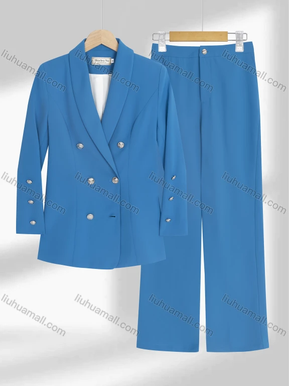 Wholesale Women's Formal Double Breasted Plain Shawl Collar Button Decor Blazer & Pocket Pants 2-Piece Suit Sets