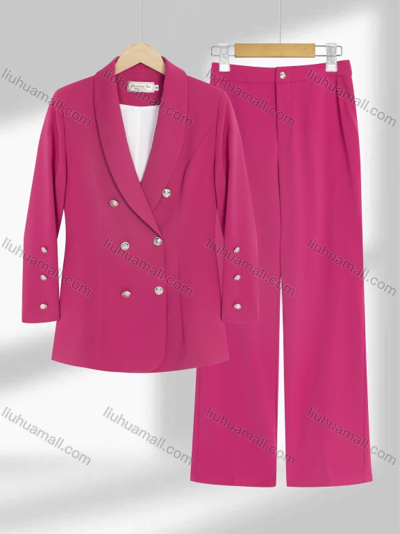 Wholesale Women's Formal Shawl Collar Double Breasted Plain Button Decor Blazer & Pocket Pants 2-Piece Suit Sets