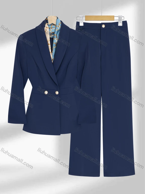 Wholesale Women's Formal Shawl Collar Double Breasted Plain Blazer & Pants 2-Piece Suit Sets