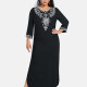 Women's African Embroidery Robe 3/4 Sleeve Split Side Floral Curved Hem Maxi Dress Black Clothing Wholesale Market -LIUHUA