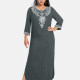 Women's African Embroidery Robe 3/4 Sleeve Split Side Floral Curved Hem Maxi Dress Dim Gray Clothing Wholesale Market -LIUHUA