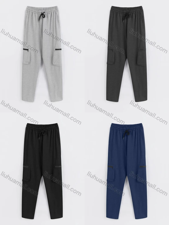 Wholesale Men's Sporty Plain Drawstring Elastic Waist Multiple Pockets Pants LIUHUA CLOTHING WHOLESALE