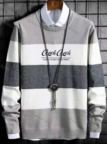 Wholesale Men's Casual Crew Neck Long Sleeve Colorblock Letter Print Knit Sweater, LIUHUA CLOTHING WHOLESALE