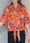 Wholesale Women's Linen Half Sleeve Collared Loose Fit Blouse Button Down Flora Print Shirt - Liuhuamall