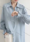 Wholesale Women's Elegant Collared Poet Sleeve Button Down Shirred Ruched Plain Shirts 879738# - Liuhuamall