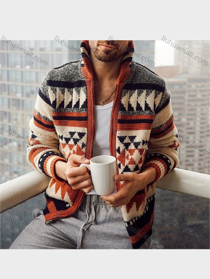 Wholesale Men's Fashion Geometric Long Sleeve Jacquard Lapel Collar Full Zip Thermal Knit Jackets