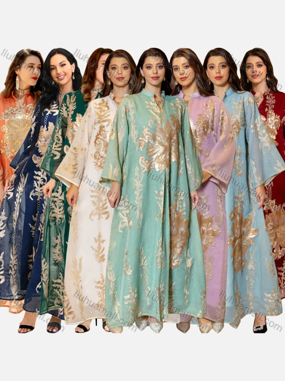 Wholesale Women's Islamic Muslim Embroidered Sequin Floral Maxi Abaya Dress