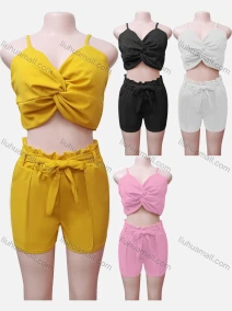 Wholesale Women's Casual Plain Twist Slim Fit Crop Cami Top & Shorts Set, LIUHUA CLOTHING WHOLESALE
