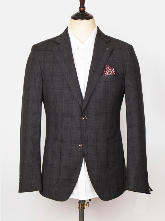 Men's Formal Lapel Long Sleeve Patch Pocket Two Buttons Plaid Blazer Jackets, Clothing Wholesale Market -LIUHUA, 