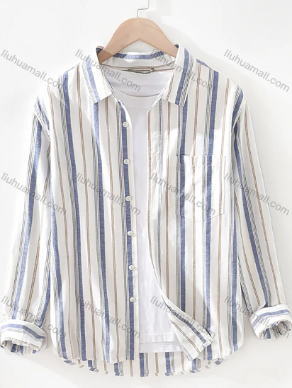 Wholesale Men's Collared Striped Print Long Sleeve Button Down Casual Patch Pocket Shirt