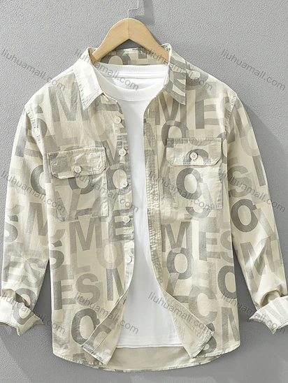 Wholesale Men's 100%Cotton Collared Letter Print Long Sleeve Button Down Casual Flap Pockets Shirt