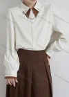 Wholesale Women's Casual Collared Long Sleeve Chain Decor Ruched Button Down Plain Shirts 167258# - Liuhuamall