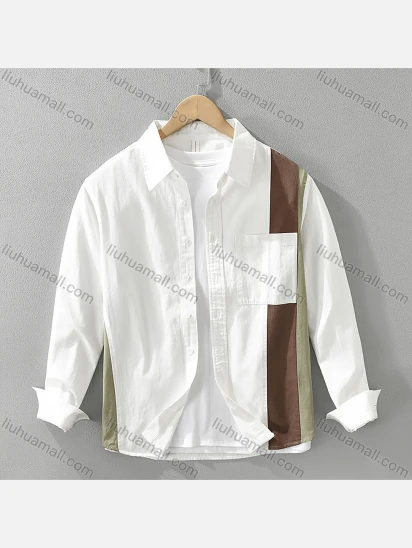 Wholesale Men's 100%Cotton Collared Colorblock Striped Print Long Sleeve Button Down Casual Patch Pocket Shirt