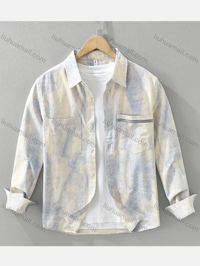 Wholesale Men's 100%Cotton Collared Tie Dye Long Sleeve Button Down Casual Patch Pocket Shirt