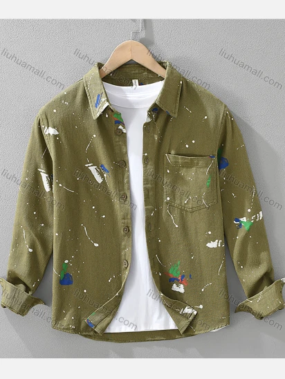 Wholesale Men's 100%Cotton Collared Ink Splash Long Sleeve Button Down Casual Patch Pocket Shirt