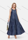 Wholesale Women's Casual Sleeveless Round Neck Ruffle Maxi Denim Dress - Liuhuamall