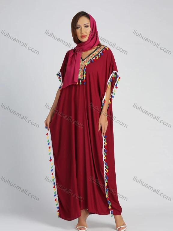 Wholesale Women's Embroidery Batwing Sleeve Fringe Trim Maxi Kaftan With Scarf