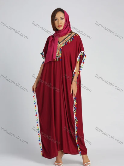 Wholesale Women's Embroidery Batwing Sleeve Fringe Trim Maxi Kaftan With Scarf