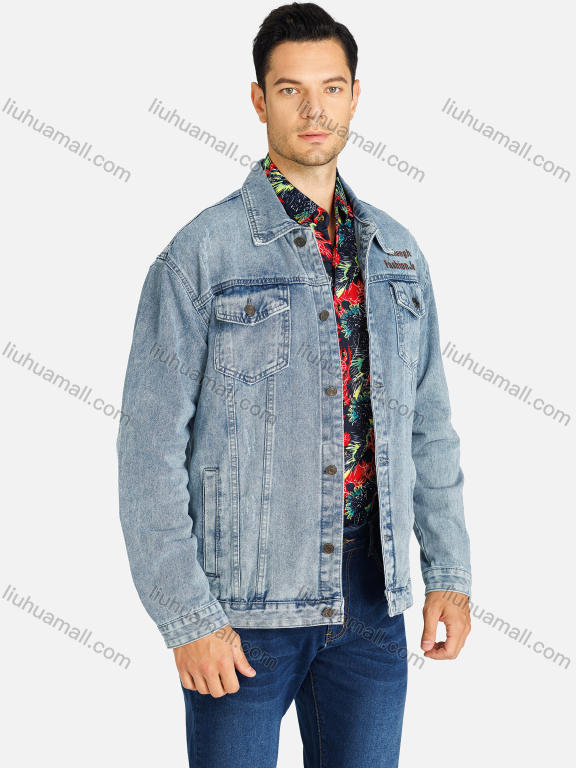 Wholesale Men's Basics Plain Button Down Flap Pockets Letter Embroidery Denim Jacket