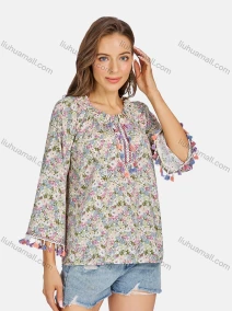 Wholesale Women's Casual Floral Print Long Sleeve Ruffle Trim Tassel Blouse E3279#, LIUHUA CLOTHING WHOLESALE