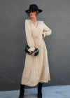 Wholesale Women's Fashion V Neck Poet Sleeve Layered Plain Casual Midi Dress X2448X# - Liuhuamall