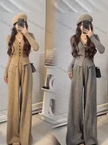 Wholesale Women's Casual Plain Long Sleeve Ribbed Button Down V Neck Top & Flare Leg Pants 2 Piece Set, LIUHUA CLOTHING WHOLESALE