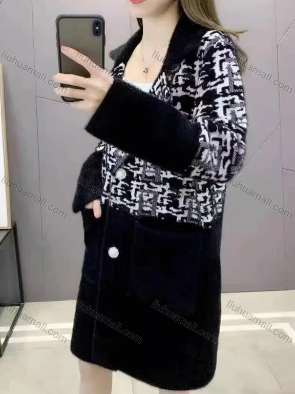 Wholesale Women's Casual Abstract Print Splicing Long Sleeve Lapel Patch Pocket Button Down Mid Length Jacket