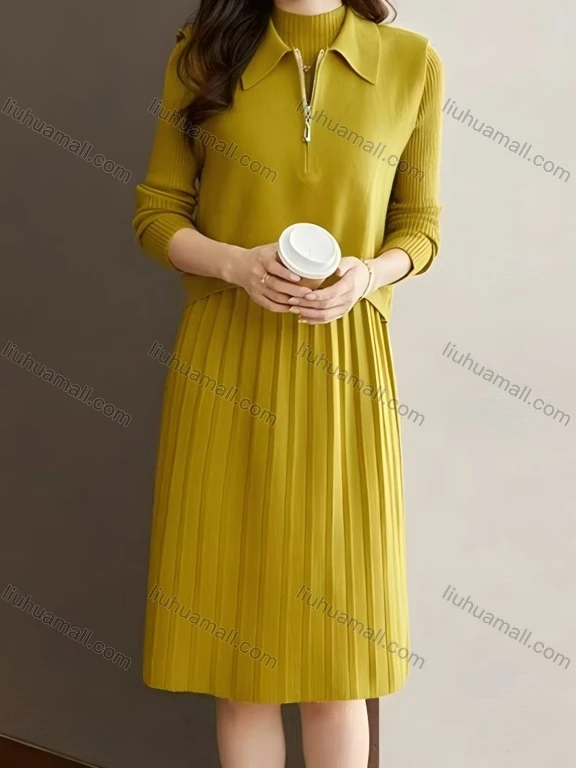 Wholesale Women's Plain Long Sleeve Mock Neck Pleated Knee Length Dress & Quarter Zip Sleeveless Top 2 Piece Sets