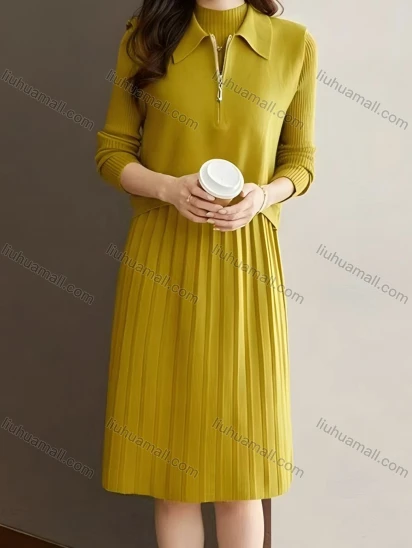 Wholesale Women's Plain Long Sleeve Mock Neck Pleated Knee Length Dress & Quarter Zip Sleeveless Top 2 Piece Sets