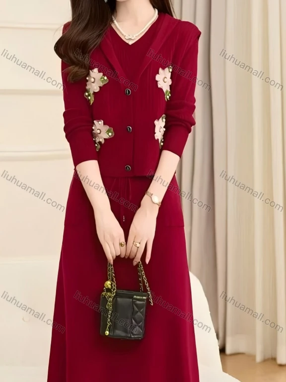 Wholesale Women's Plain Long Sleeve V Neck Drawstring Dress & Floral Button Sleeveless Hooded Top 2 Piece Sets