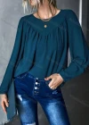 Wholesale Women's Casual Plain Round Neck Long Sleeve Ruched Blouse - Liuhuamall