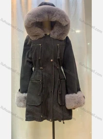 Wholesale Women's Hooded Fleece Lined Pockets Buttons Belted Buckled Cuff Mid Length Denim Denim Coat, LIUHUA CLOTHING WHOLESALE