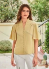 Wholesale Women's V Neck Ruffle Sleeve Button Front Plain Blouse AY227# - Liuhuamall