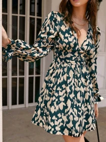 Wholesale Women's Sexy Deep V Neck Allover Print Long Sleeve High Waist Short Dress, LIUHUA CLOTHING WHOLESALE