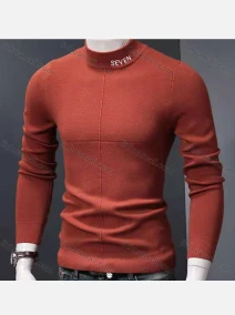 Wholesale Men's Casual Mock Neck Long Sleeve Emobridery Letter Plain Knit Sweater, LIUHUA CLOTHING WHOLESALE