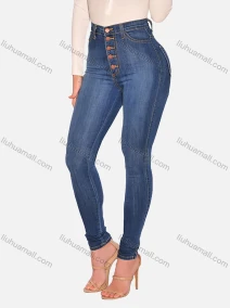 Wholesale Women's Casual Plain High Waist Patch Pocket Button Front Skinny Jeans 178#, LIUHUA CLOTHING WHOLESALE