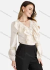 Wholesale Women's Casual Plain Lantern Sleeve V-Neck Lace Ruffle Trim Blouse - Liuhuamall