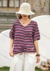 Wholesale Women's Casual Comfort V Neck Top Half Sleeve Colorblock Striped Blouse With Drawstring - Liuhuamall