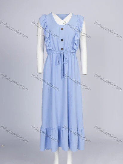 Wholesale Women's Elegant Plain Crew Neck Button Decor Ruffle Trim Hem Ruched Drawstring Midi Dress 1781#